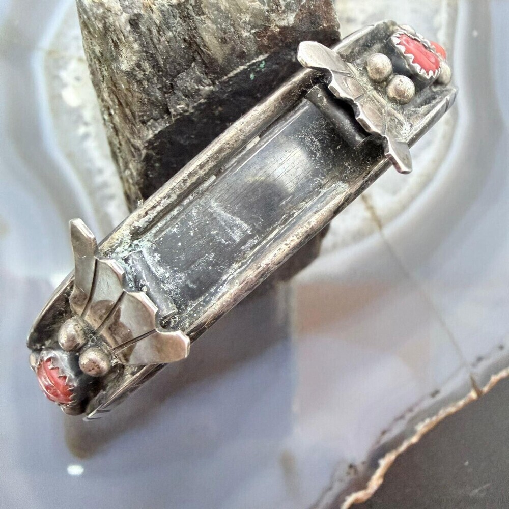 Vintage Signed Native American Sterling Silver Coral Watch Cuff For Women